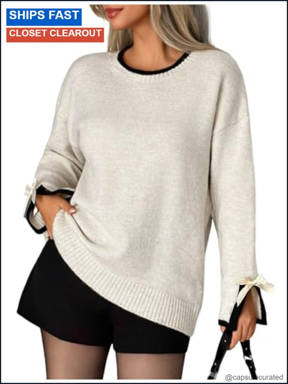 Oversized Knit Sweater Bow Slit Cuff Pullover Crew Neck Drop Shoulder